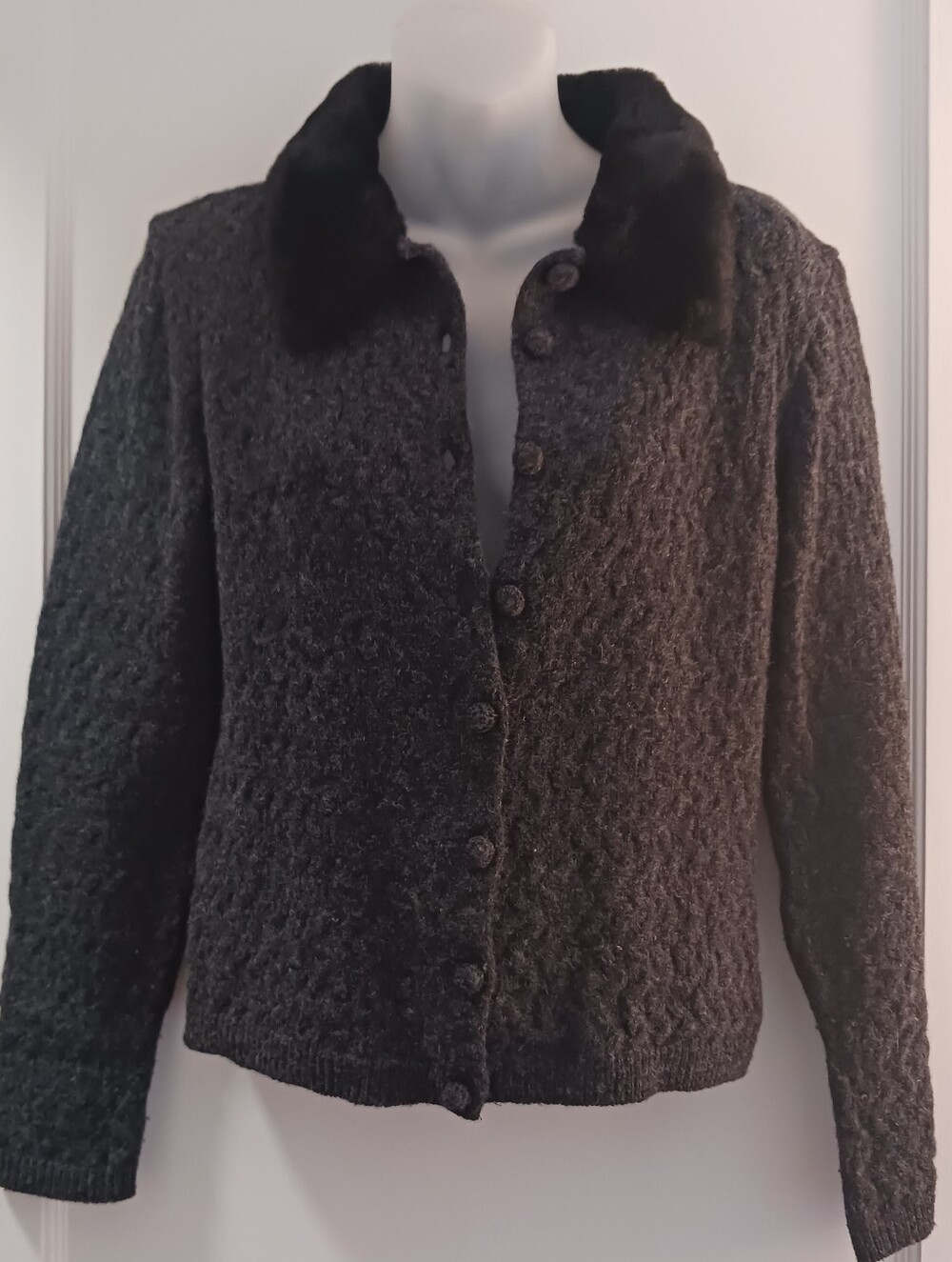 GAP Black Textured Knit Jacket with Plush Collar